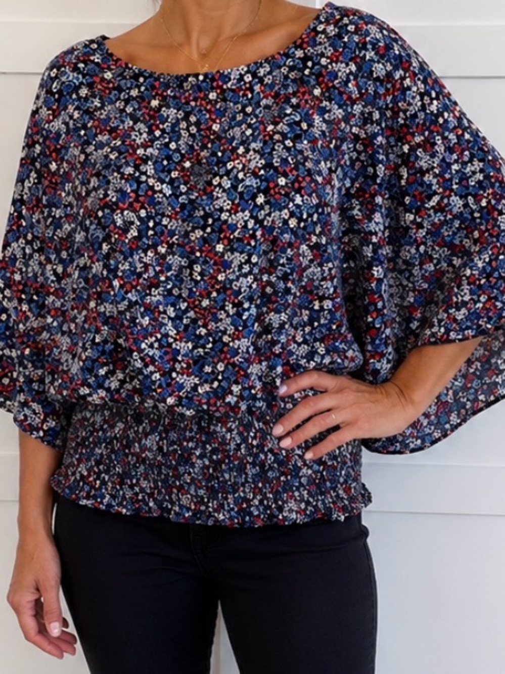 SAM. Navy Multi Floral Smocked-Hem Blouse